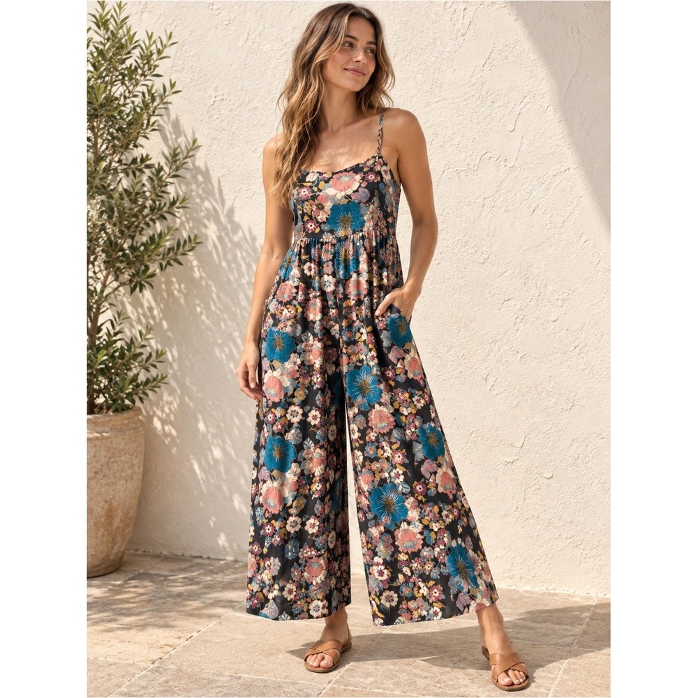 Natural Life Black Floral Wide Leg Jumpsuit Boho Cottagecore Festival Sz S
